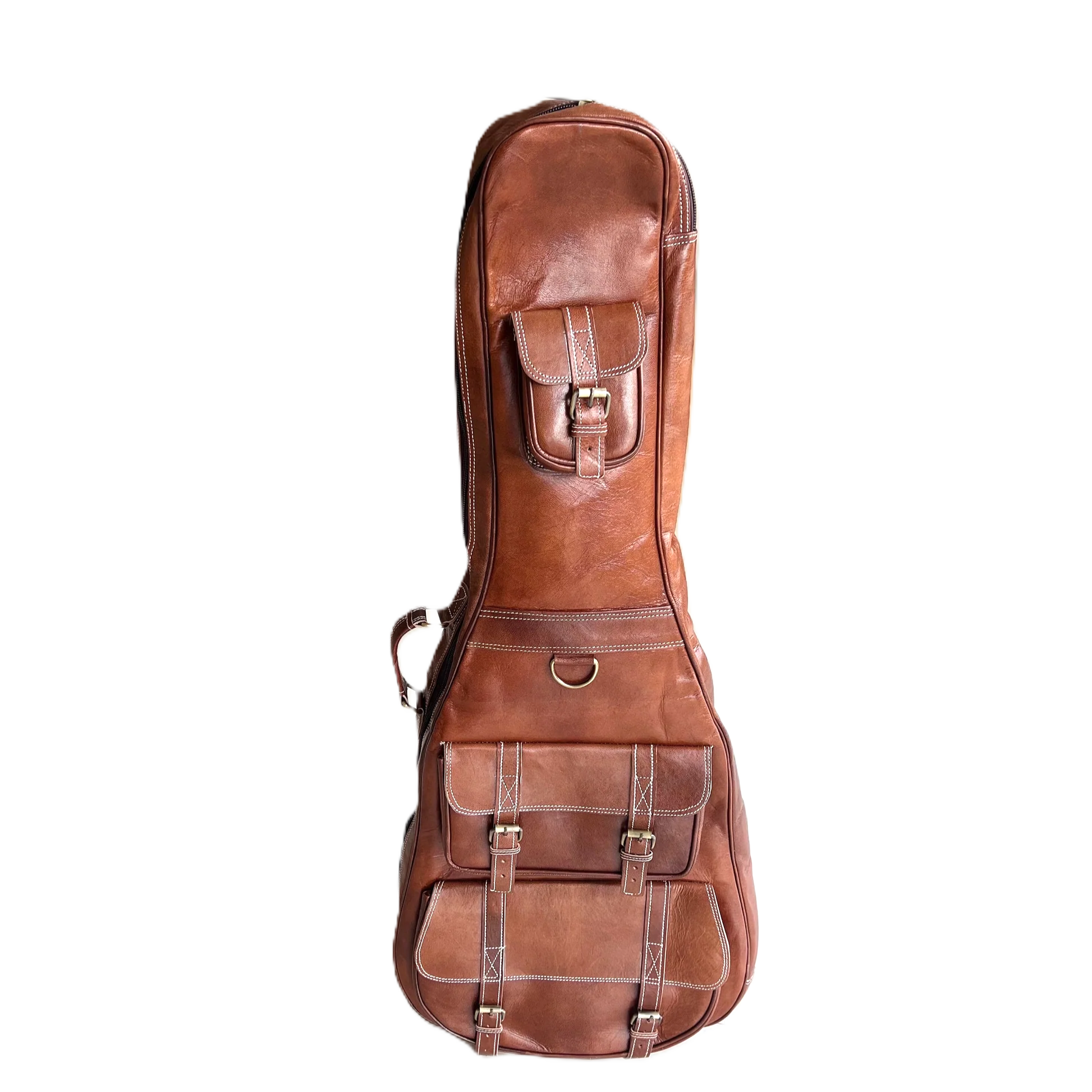 Brown leather guitar case with front latch and dual front straps