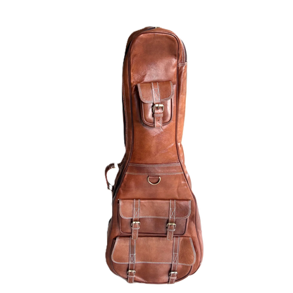 Brown leather guitar case with front latch and dual front straps