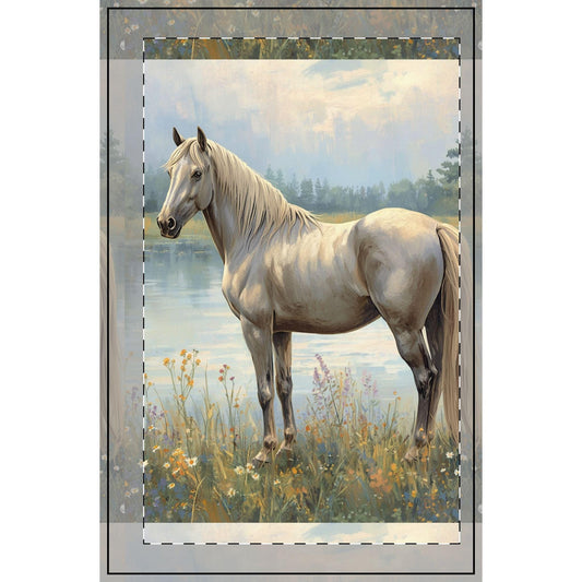 Spiral notebook cover with white horse painting in meadow by a lake