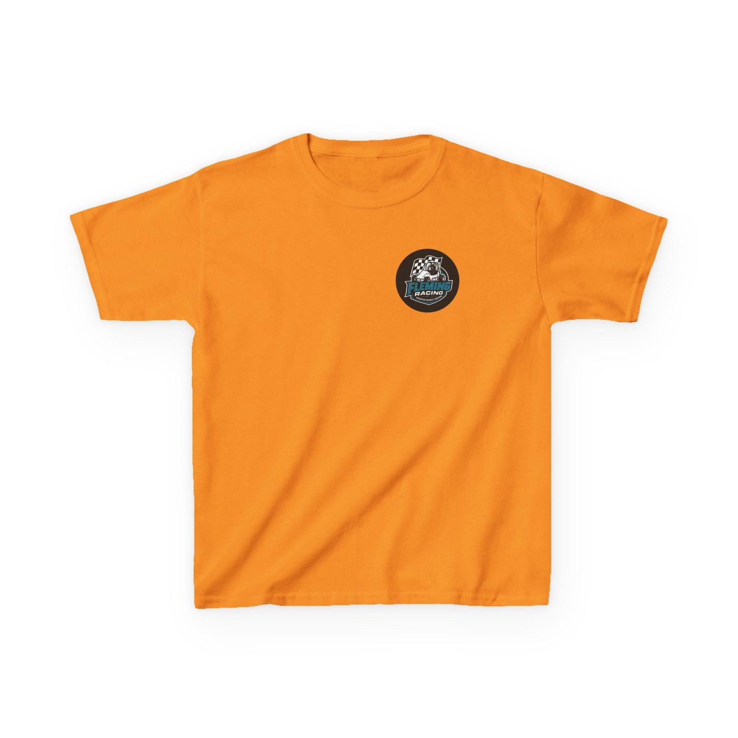 Kids racing logo tee, orange T-shirt with small round emblem on chest