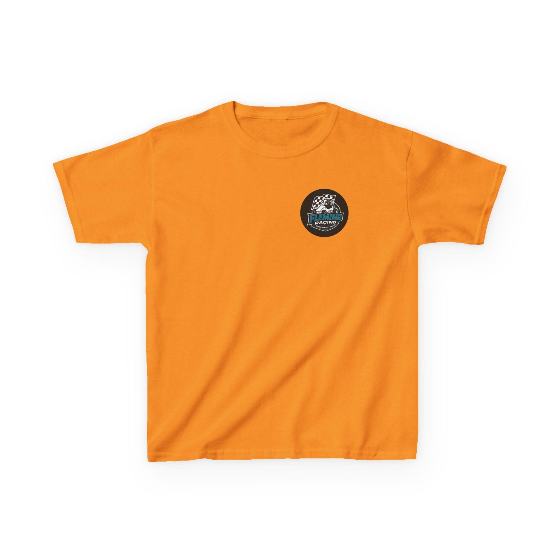 Kids racing logo tee, orange T-shirt with small round emblem on chest