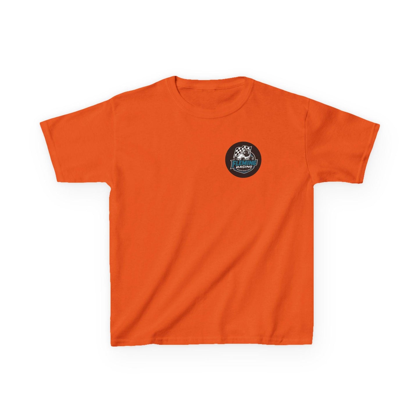Kids racing logo tee, bright orange T-shirt with small round emblem on chest