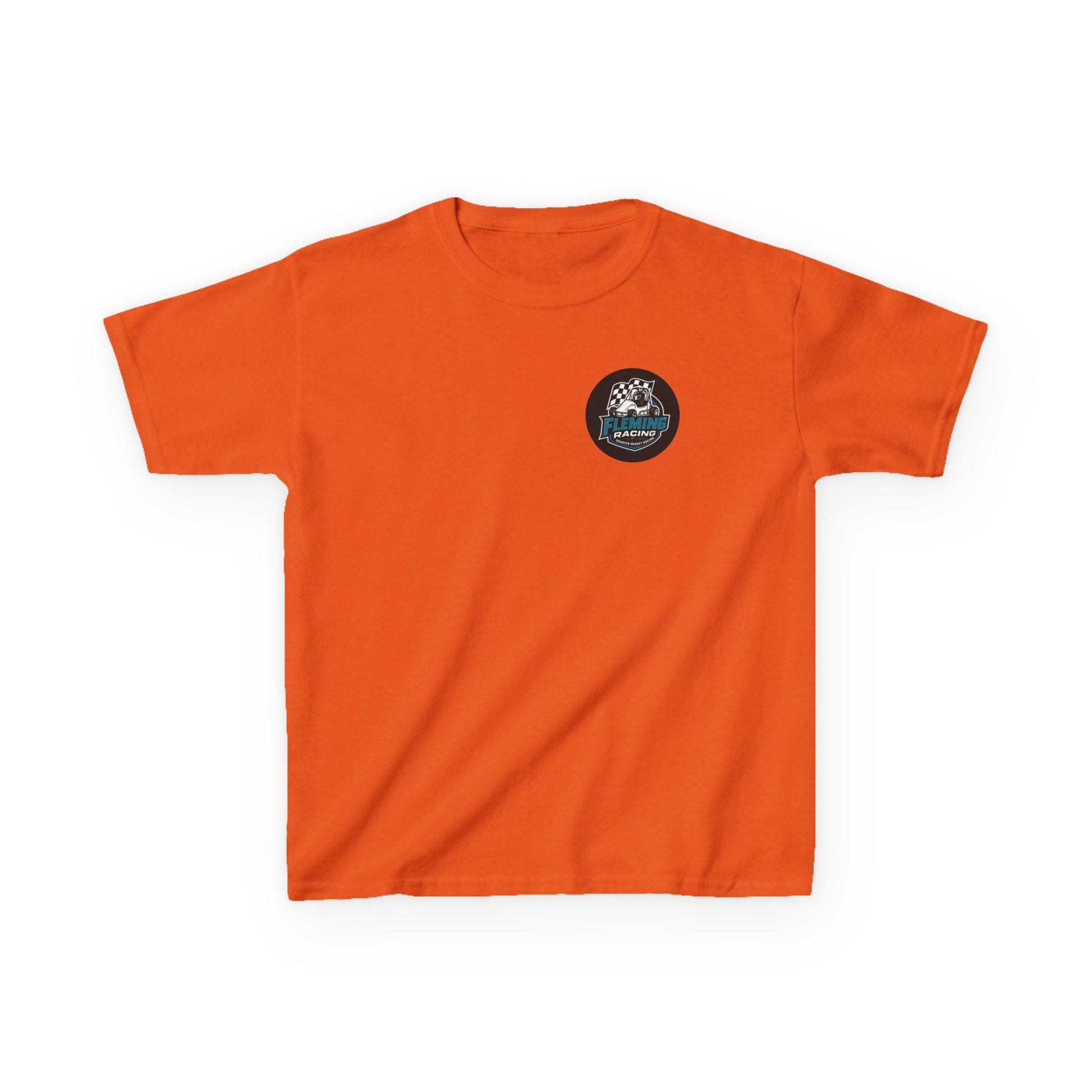 Kids racing logo tee, bright orange T-shirt with small round emblem on chest