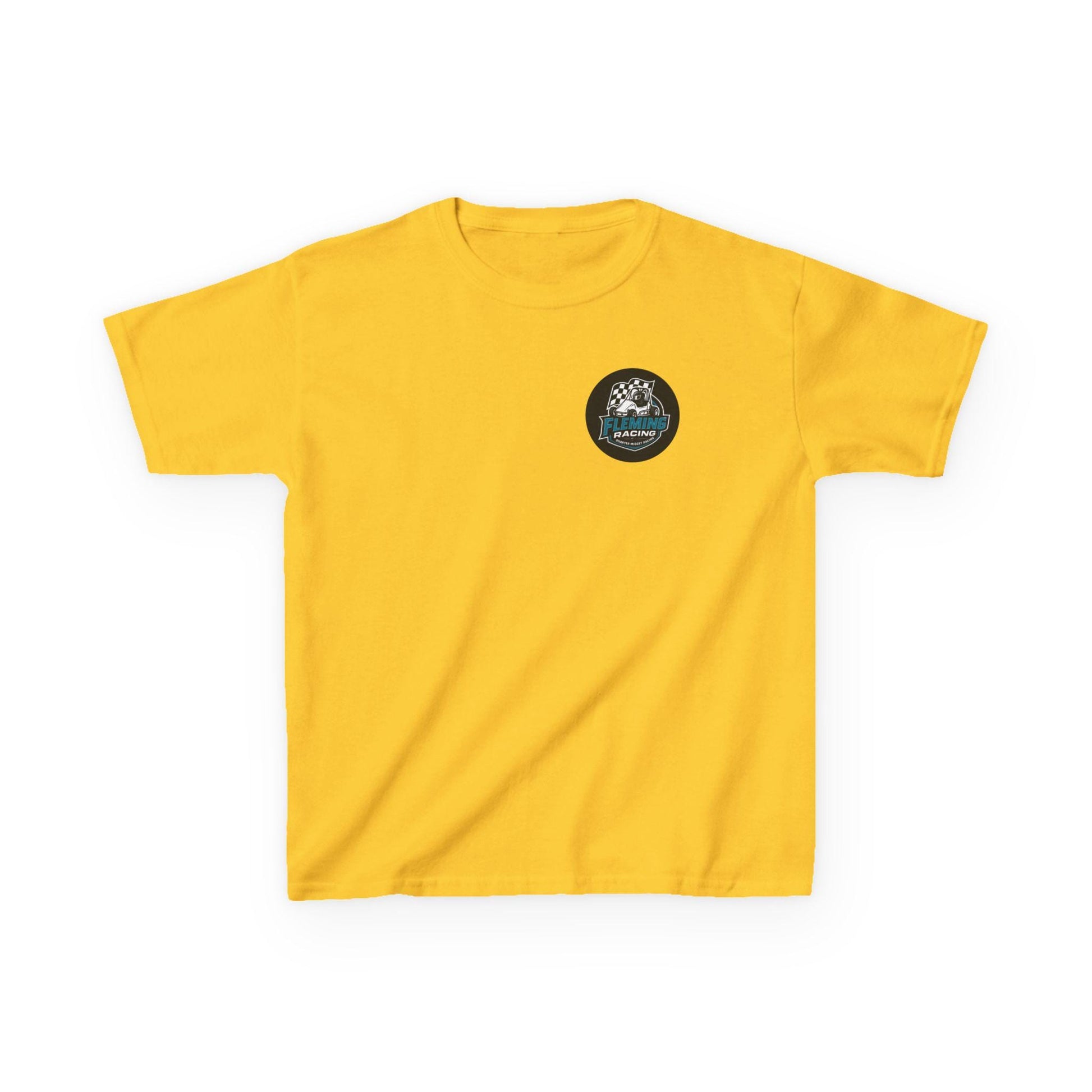 Kids racing logo tee, yellow T-shirt with small round emblem on chest