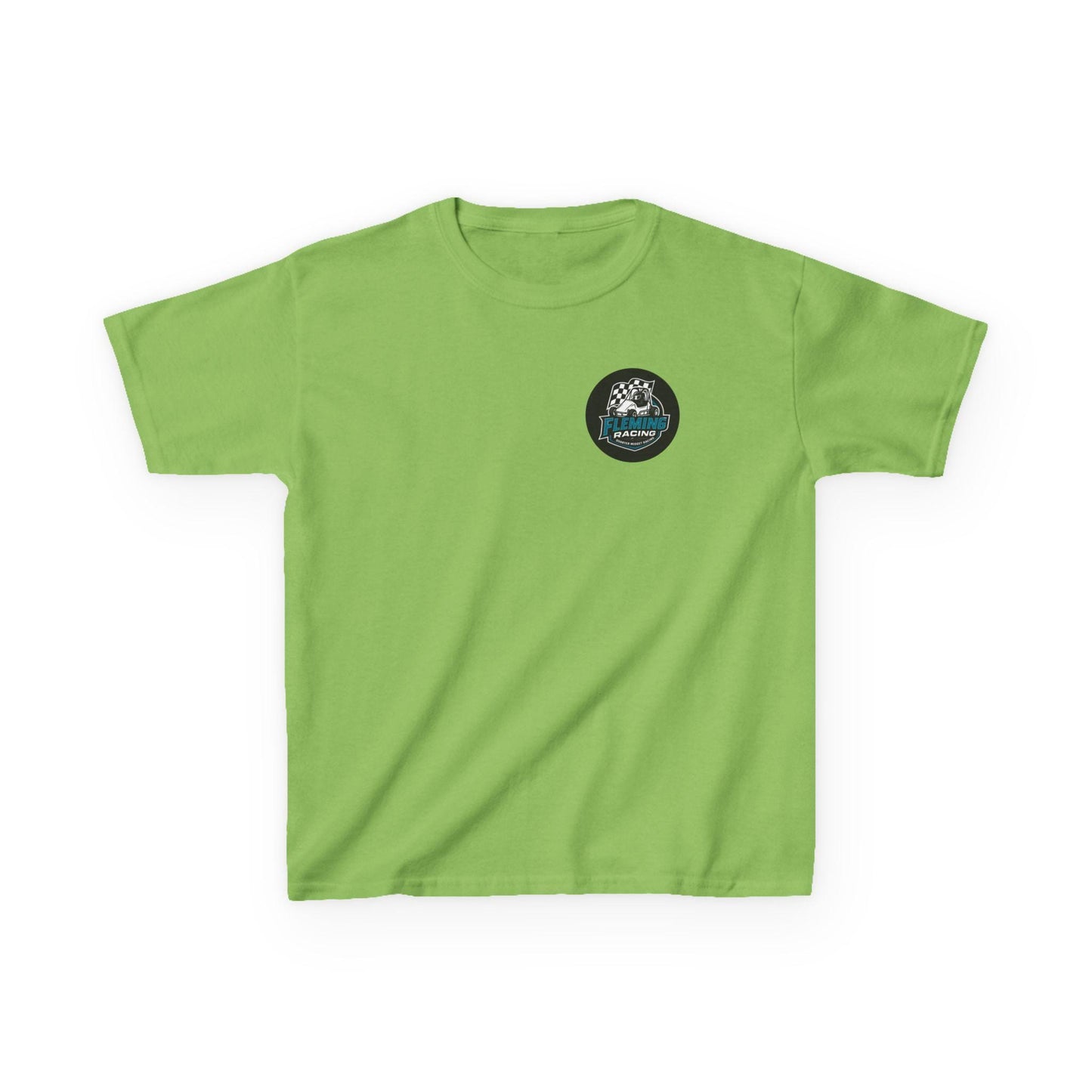 Kids racing logo tee, lime green T-shirt with small round emblem on chest