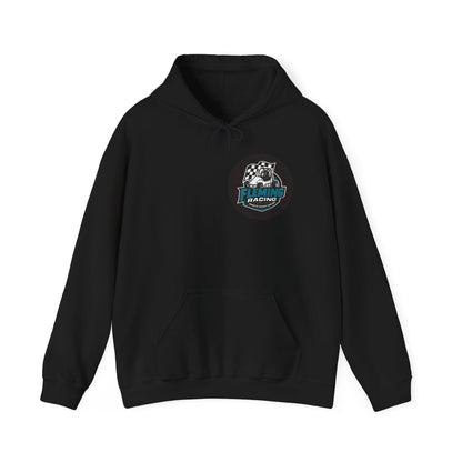 Black hoodie with front pouch pocket, drawstring hood, Fleming Racing logo patch.