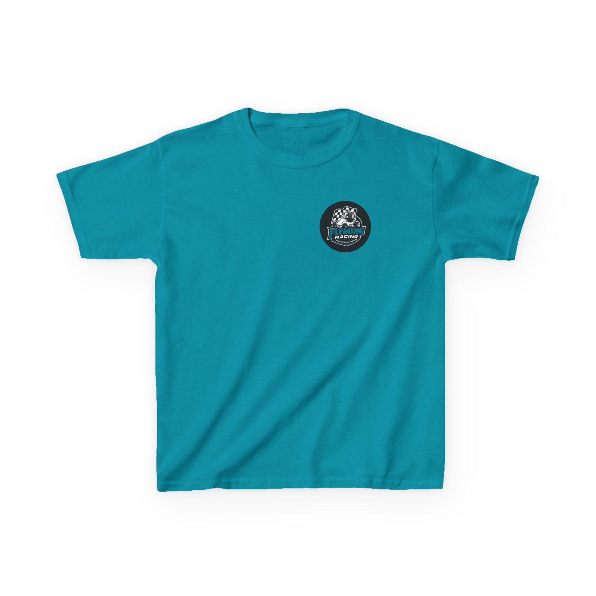 Kids racing logo T-shirt, teal with small round badge logo on chest