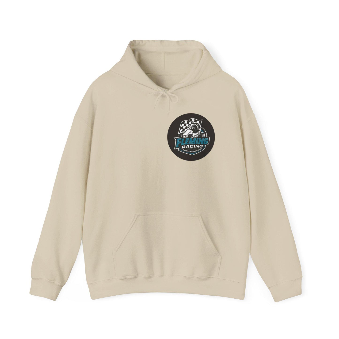 Light cream hoodie with front pouch pocket, drawstring hood, Fleming Racing logo patch.