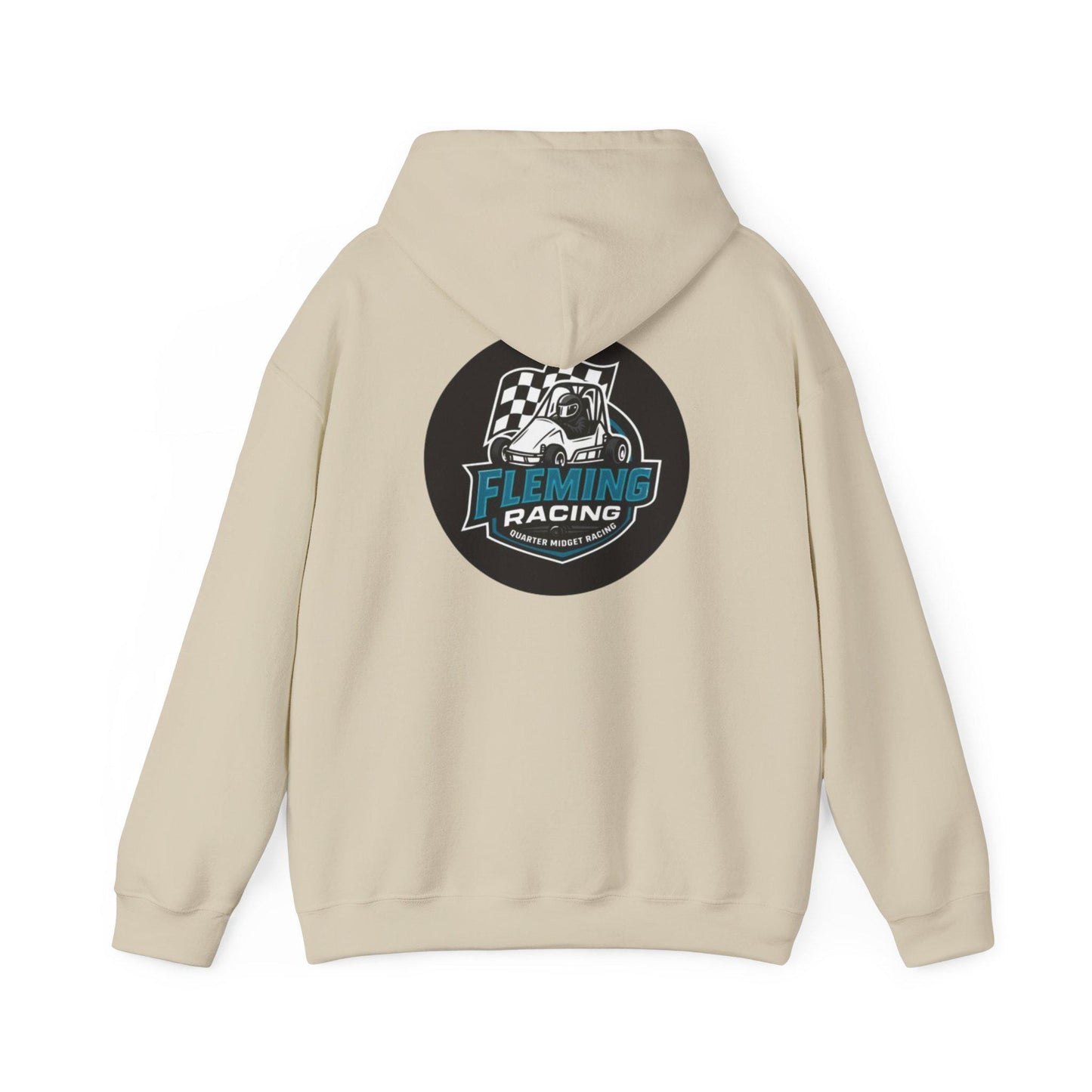 Light cream hoodie with drawstring hood and back Fleming Racing logo print.