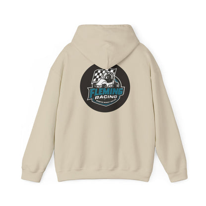 Light cream hoodie with drawstring hood and back Fleming Racing logo print.