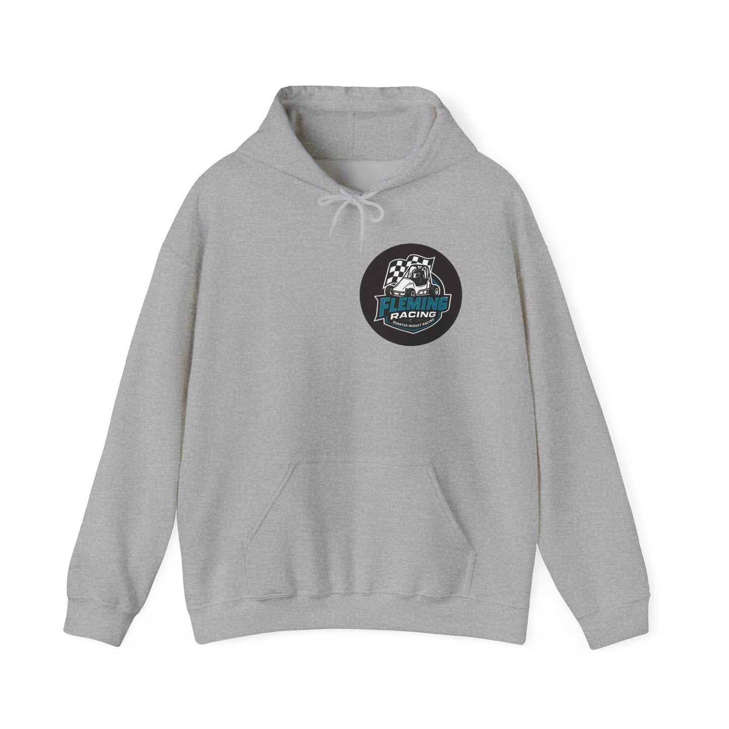 Light gray hoodie with front pouch pocket, drawstring hood, Fleming Racing logo patch.