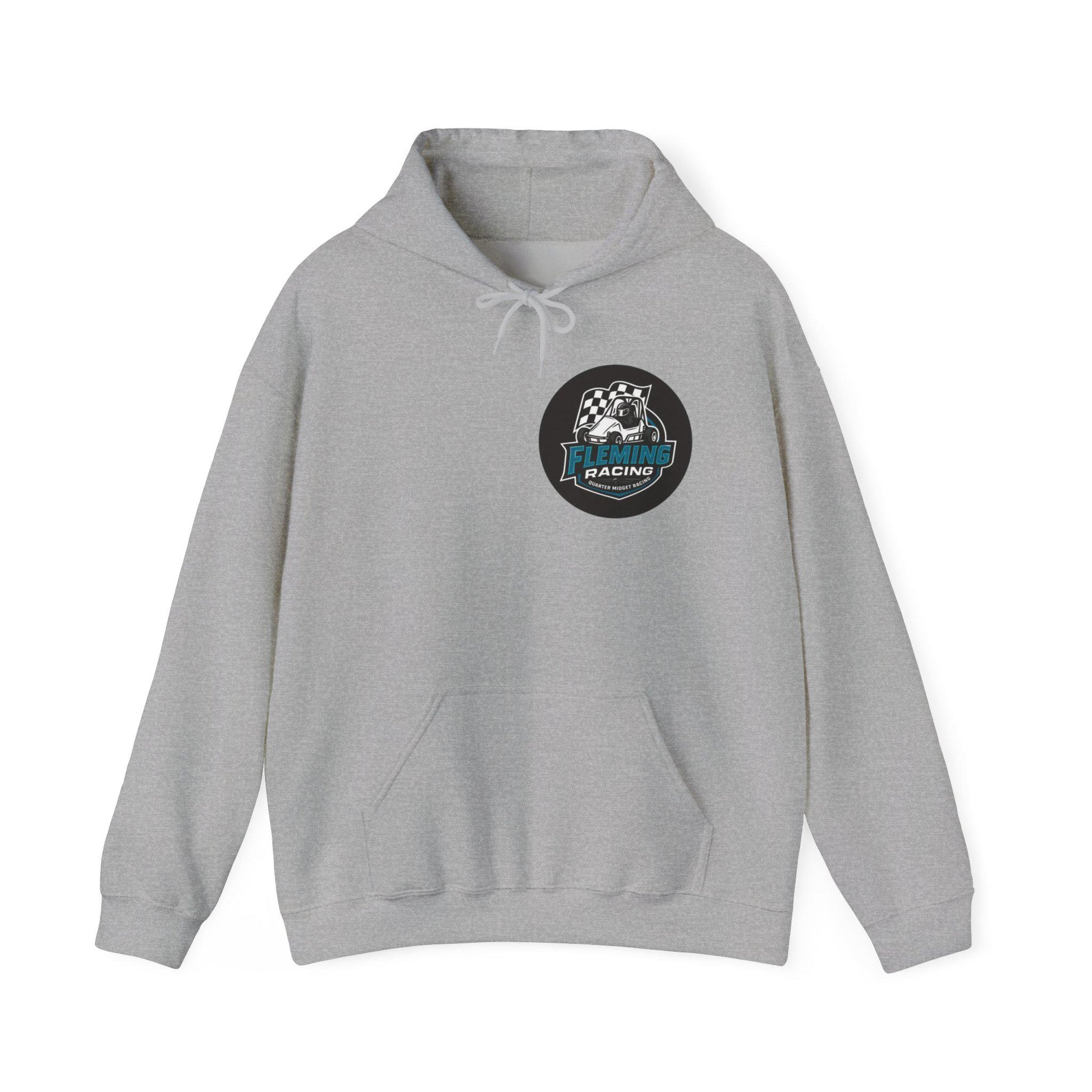Light gray hoodie with front pouch pocket, drawstring hood, Fleming Racing logo patch.