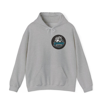 Light gray hoodie with front pouch pocket, drawstring hood, Fleming Racing logo patch.