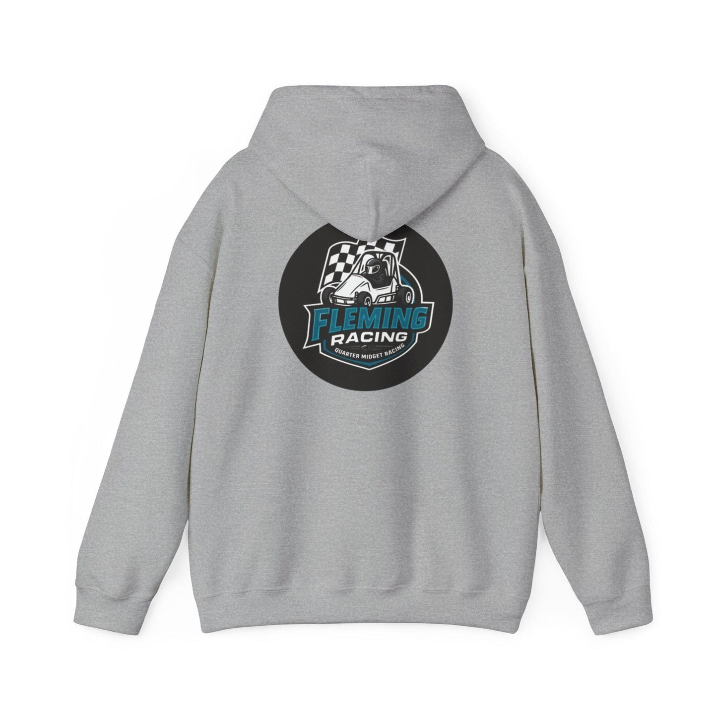 Light gray hoodie with drawstring hood and back Fleming Racing logo print.