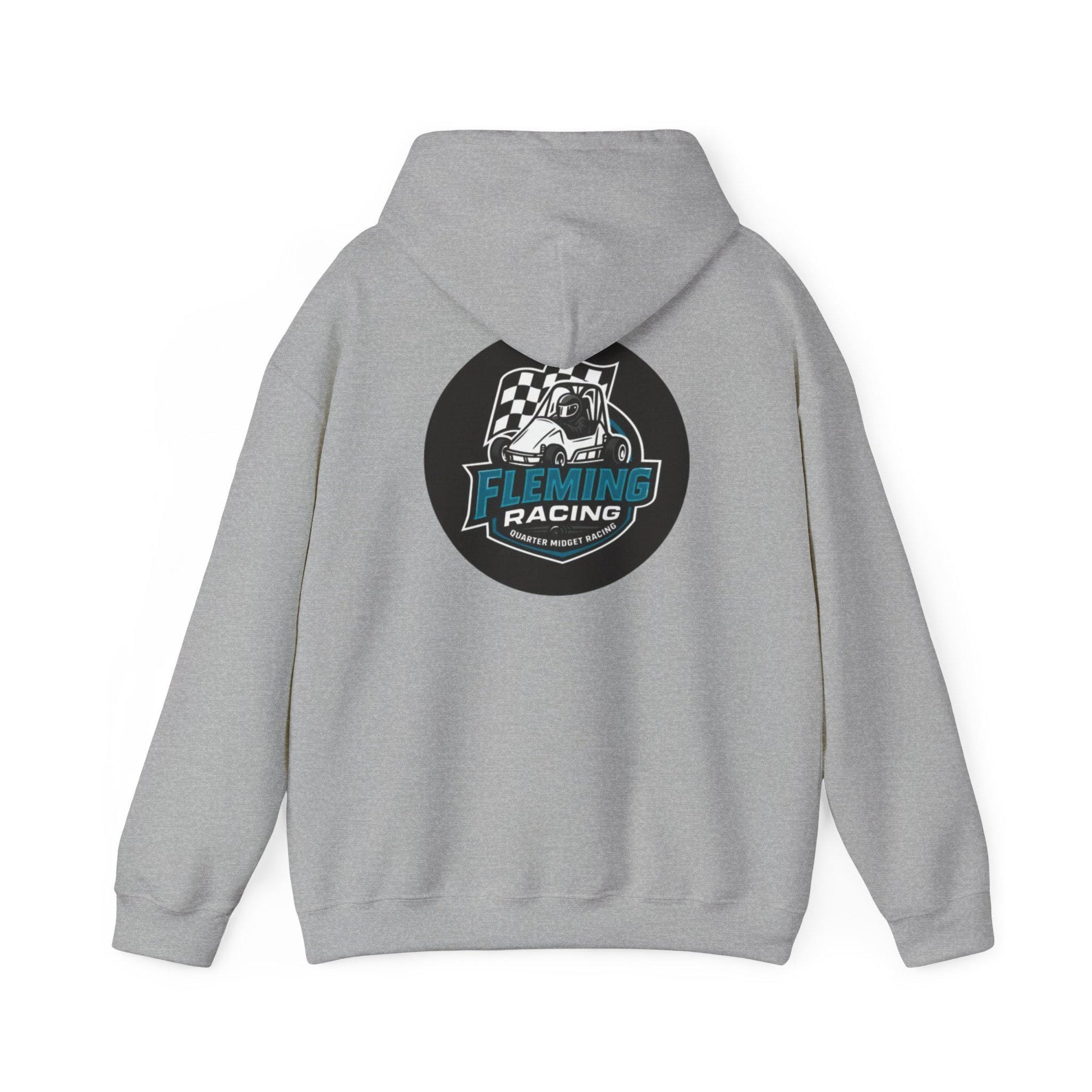 Light gray hoodie with drawstring hood and back Fleming Racing logo print.