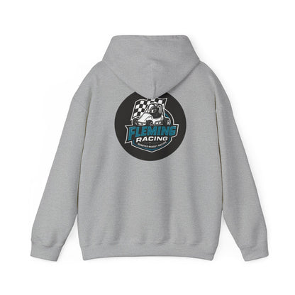 Light gray hoodie with drawstring hood and back Fleming Racing logo print.