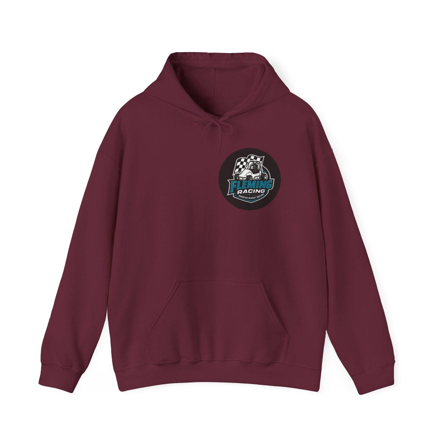 Maroon hoodie with front pouch pocket, drawstring hood, Fleming Racing logo patch.