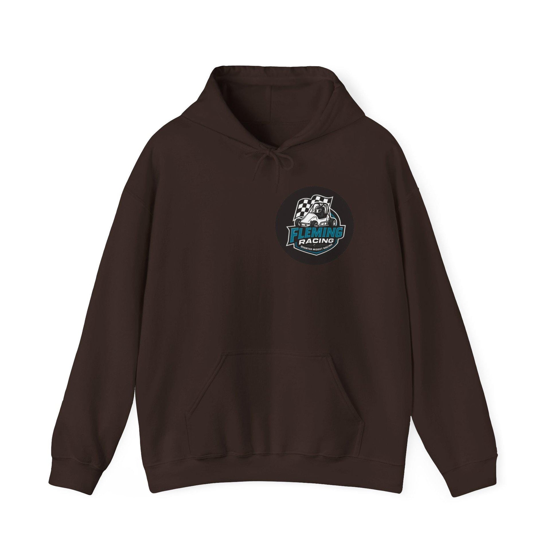 Dark brown racing emblem logo hoodie, front pouch pocket and drawstring hood