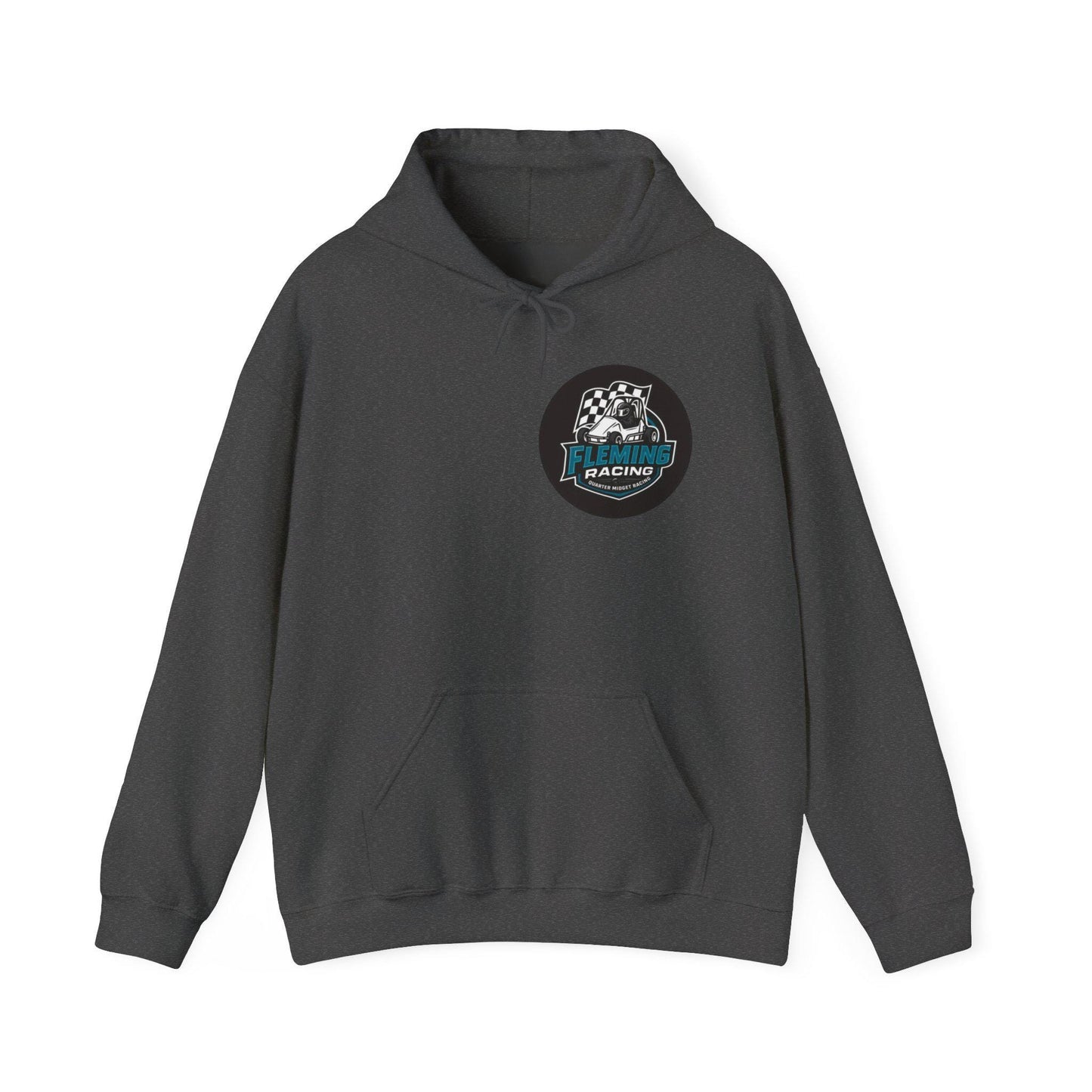 Dark gray racing emblem logo hoodie, front pouch pocket and drawstring hood