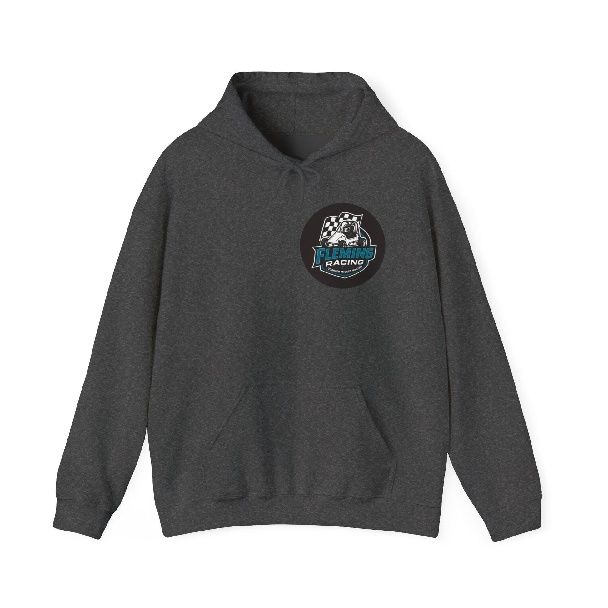 Dark gray racing emblem logo hoodie, front pouch pocket and drawstring hood