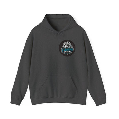 Dark gray racing emblem logo hoodie, front pouch pocket and drawstring hood