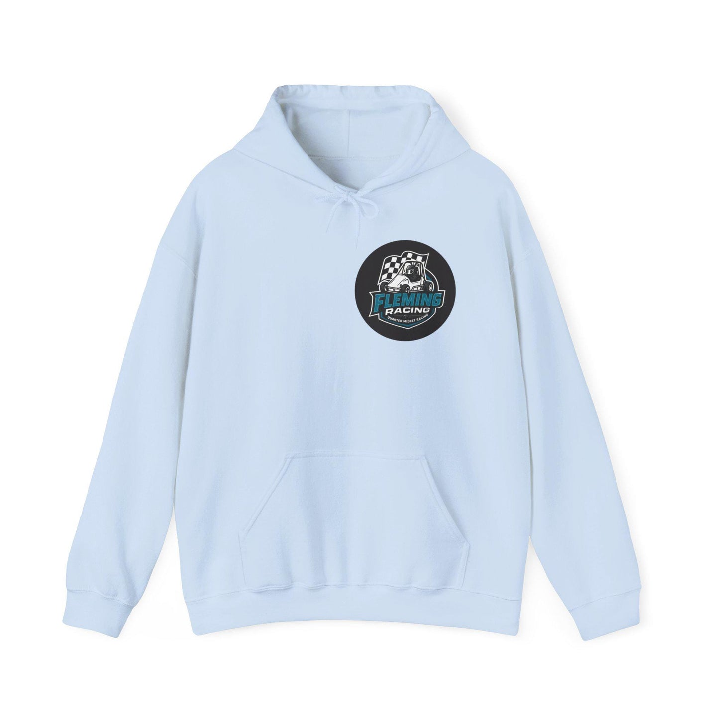 Light blue racing emblem logo hoodie, front pouch pocket and drawstring hood