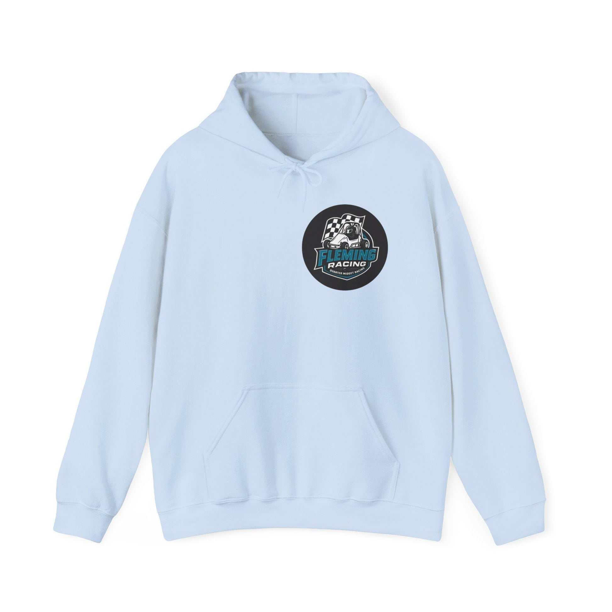 Light blue racing emblem logo hoodie, front pouch pocket and drawstring hood