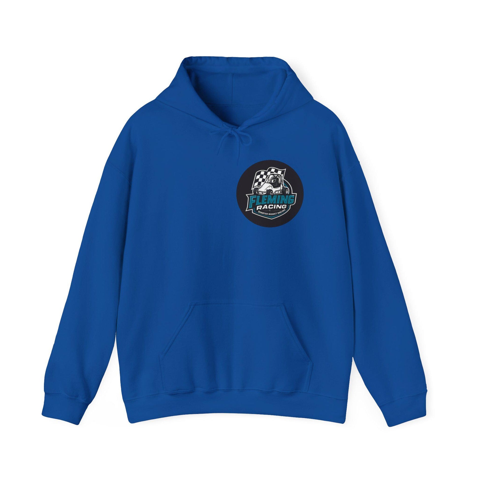 Royal blue racing emblem logo hoodie, front pouch pocket and drawstring hood