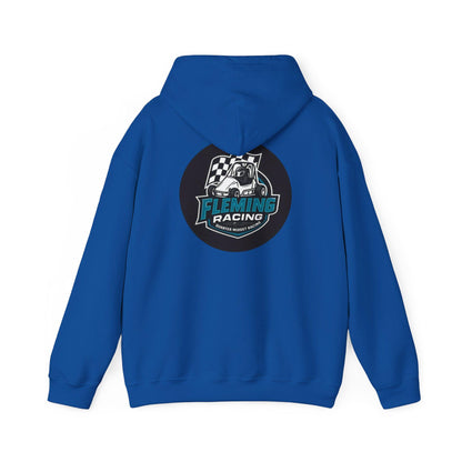 Royal blue racing emblem logo hoodie, rear hood and large back emblem print