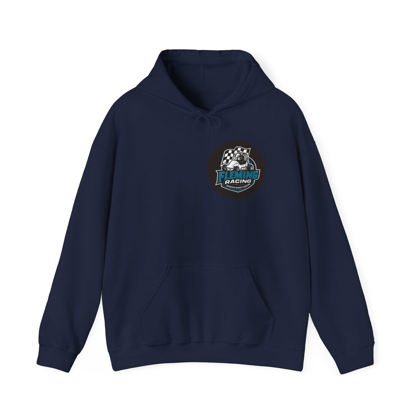 Navy racing emblem logo hoodie, front pouch pocket and drawstring hood