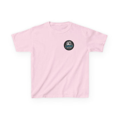 Kids racing logo T-shirt, light pink with small round badge logo on chest