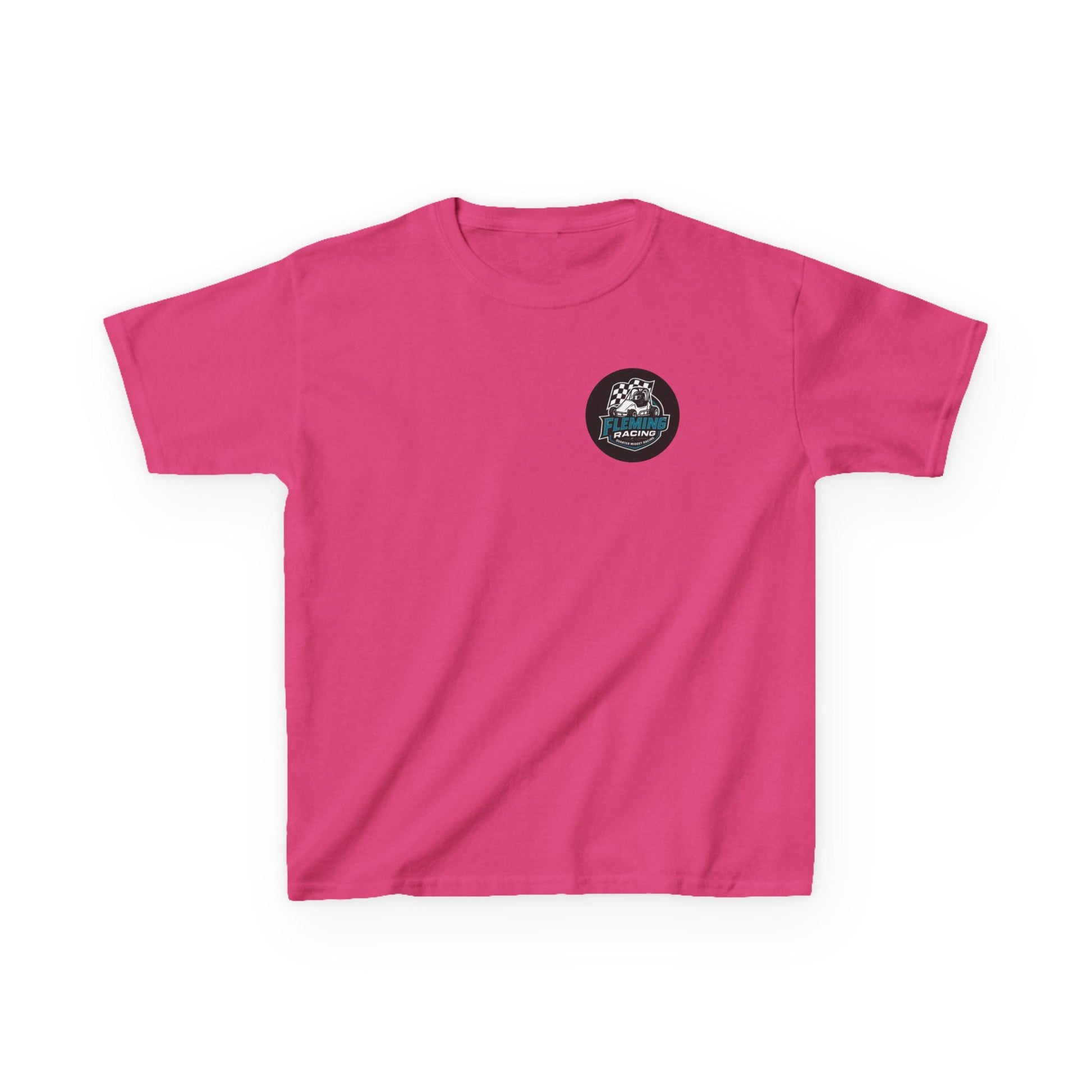 Kids racing logo T-shirt, hot pink with small round badge logo on chest