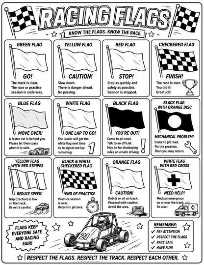 Racing coloring book page “RACING FLAGS” with flag types and meanings