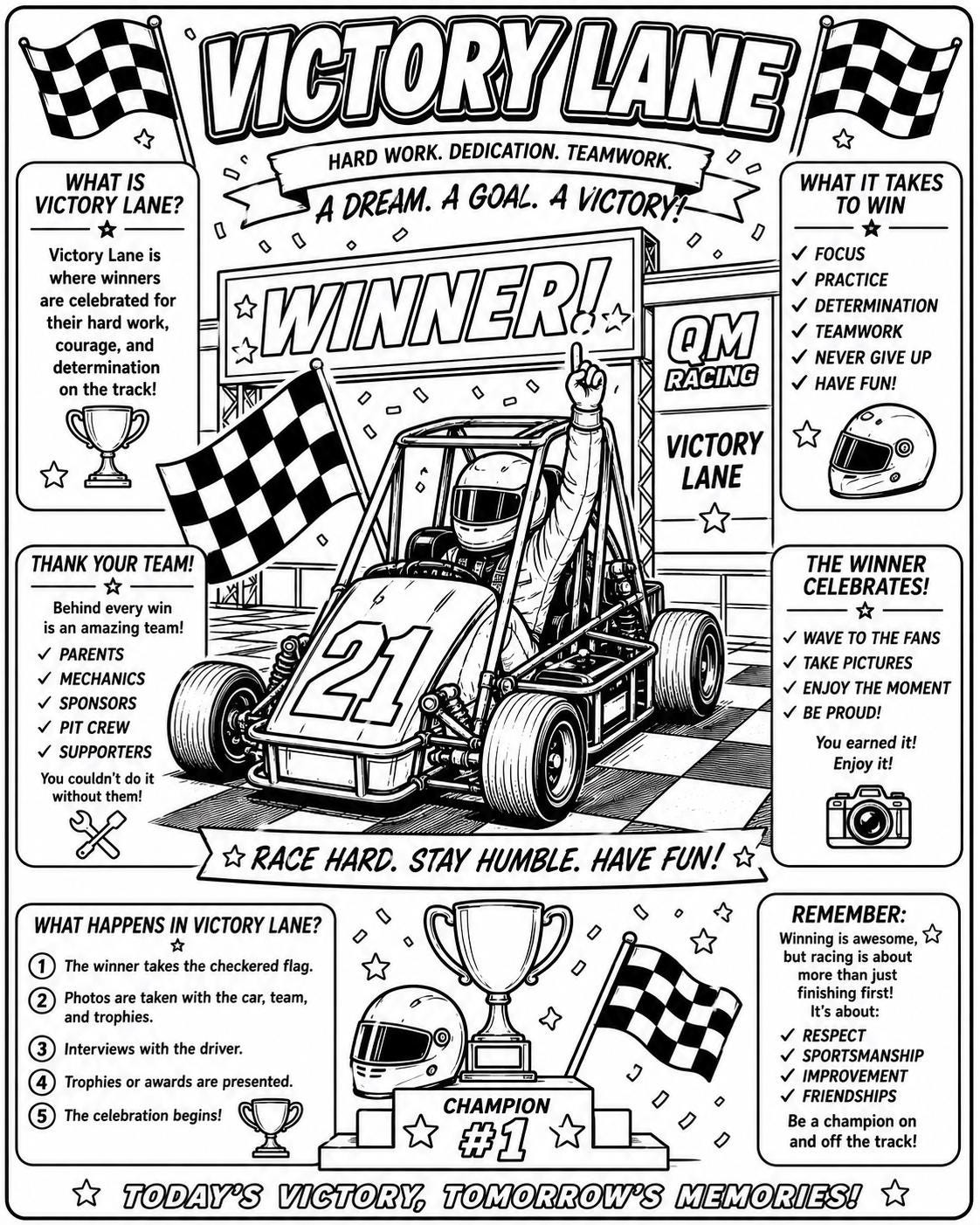 Racing coloring book page with “Victory Lane” and “Winner!” car illustration