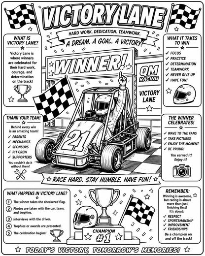 Racing coloring book page with “Victory Lane” and “Winner!” car illustration
