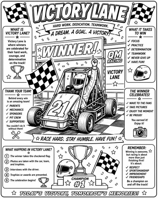 Racing coloring book page with “Victory Lane” and “Winner!” car illustration