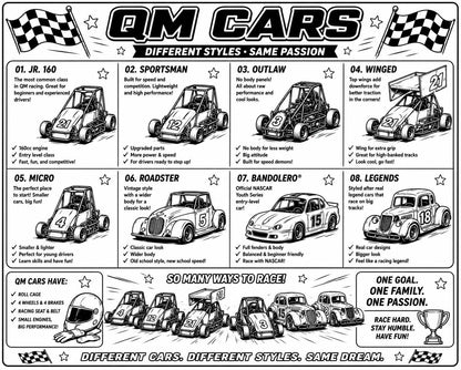 Racing coloring book page showing “QM CARS” with eight small car drawings