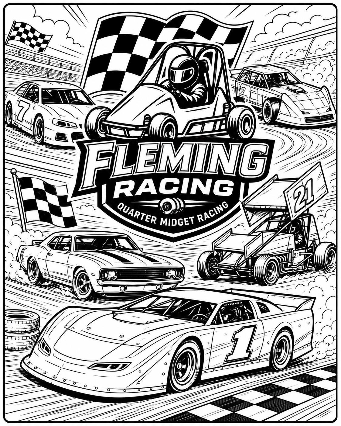 Fleming Racing coloring book page with quarter midget cars and checkered flag finish