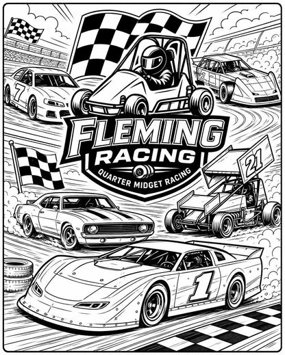 Fleming Racing coloring book page with quarter midget cars and checkered flag finish
