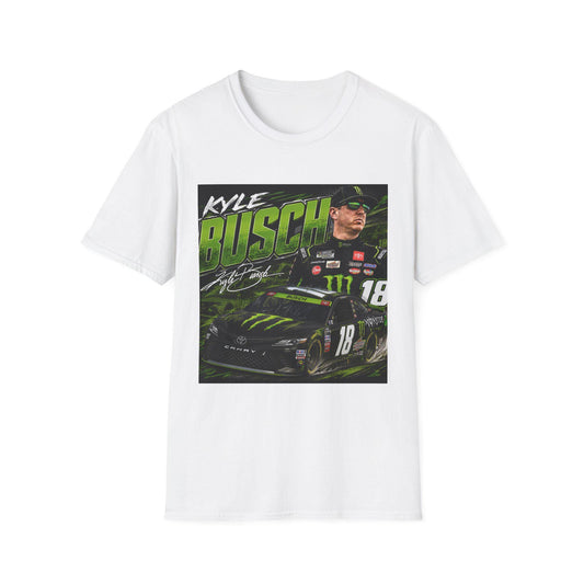 White racing graphic T-shirt with Kyle Busch and race car helmet design.