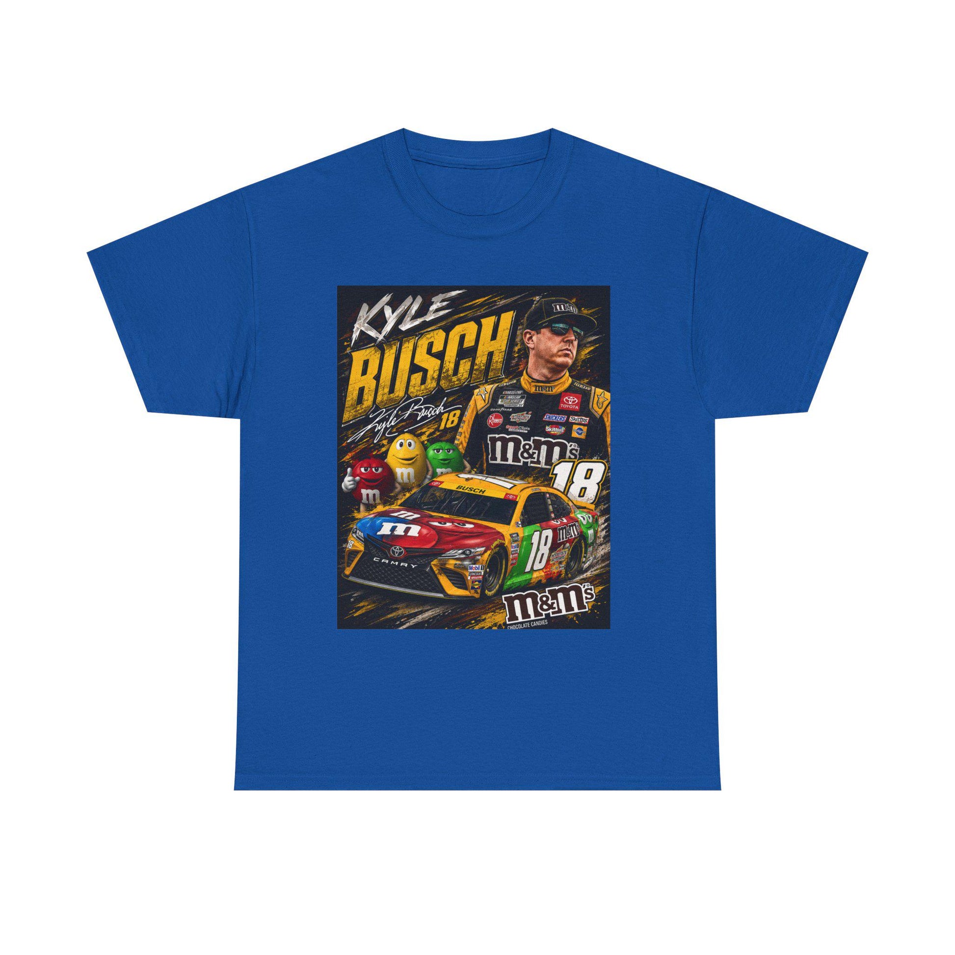 Royal blue NASCAR racing tee with square Kyle Busch car #18 graphic