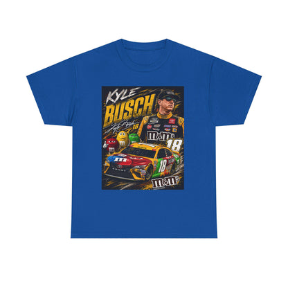 Royal blue NASCAR racing tee with square Kyle Busch car #18 graphic