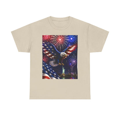Beige T-shirt with eagle graphic, fireworks, and American flag print