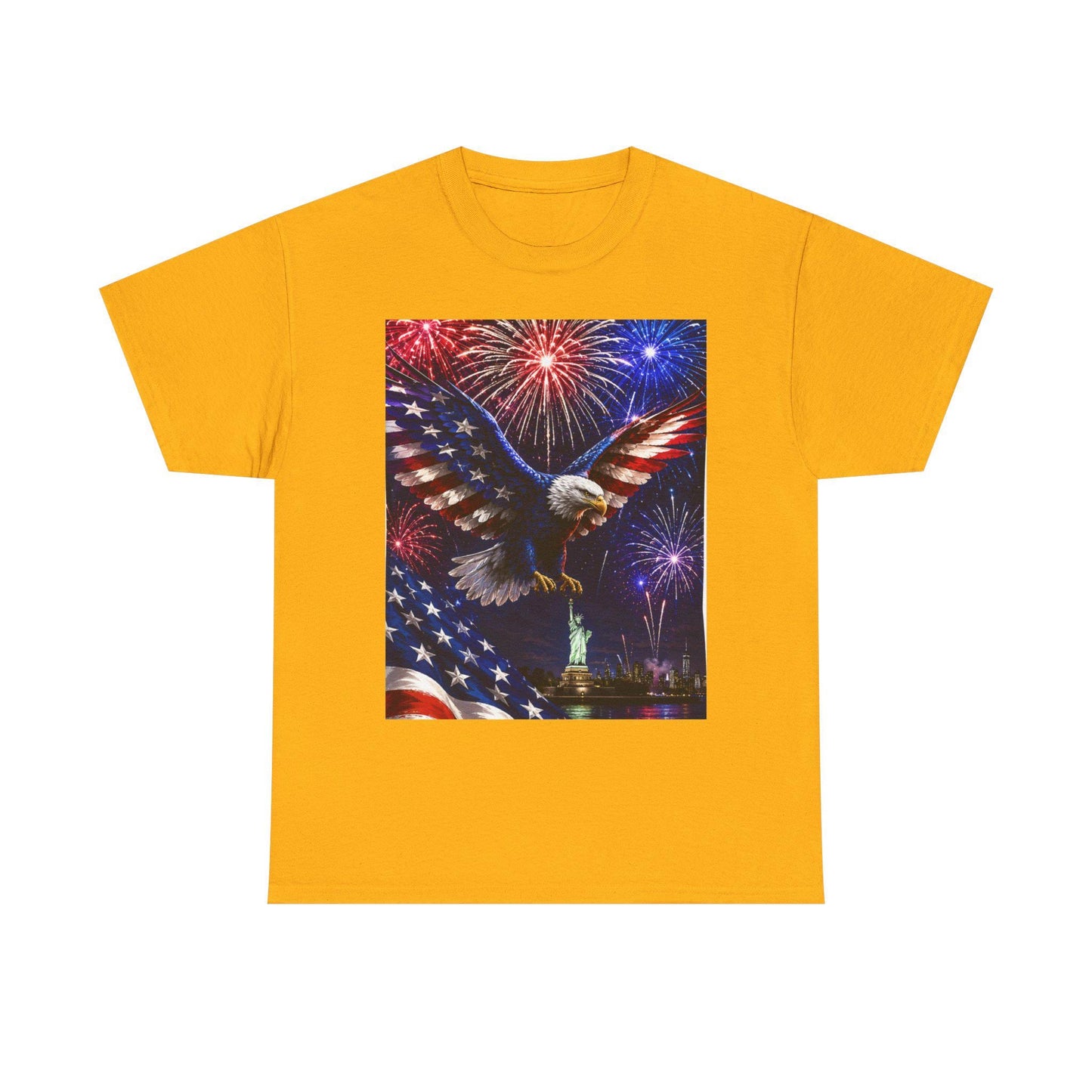 Yellow T-shirt with eagle graphic, fireworks, and American flag print