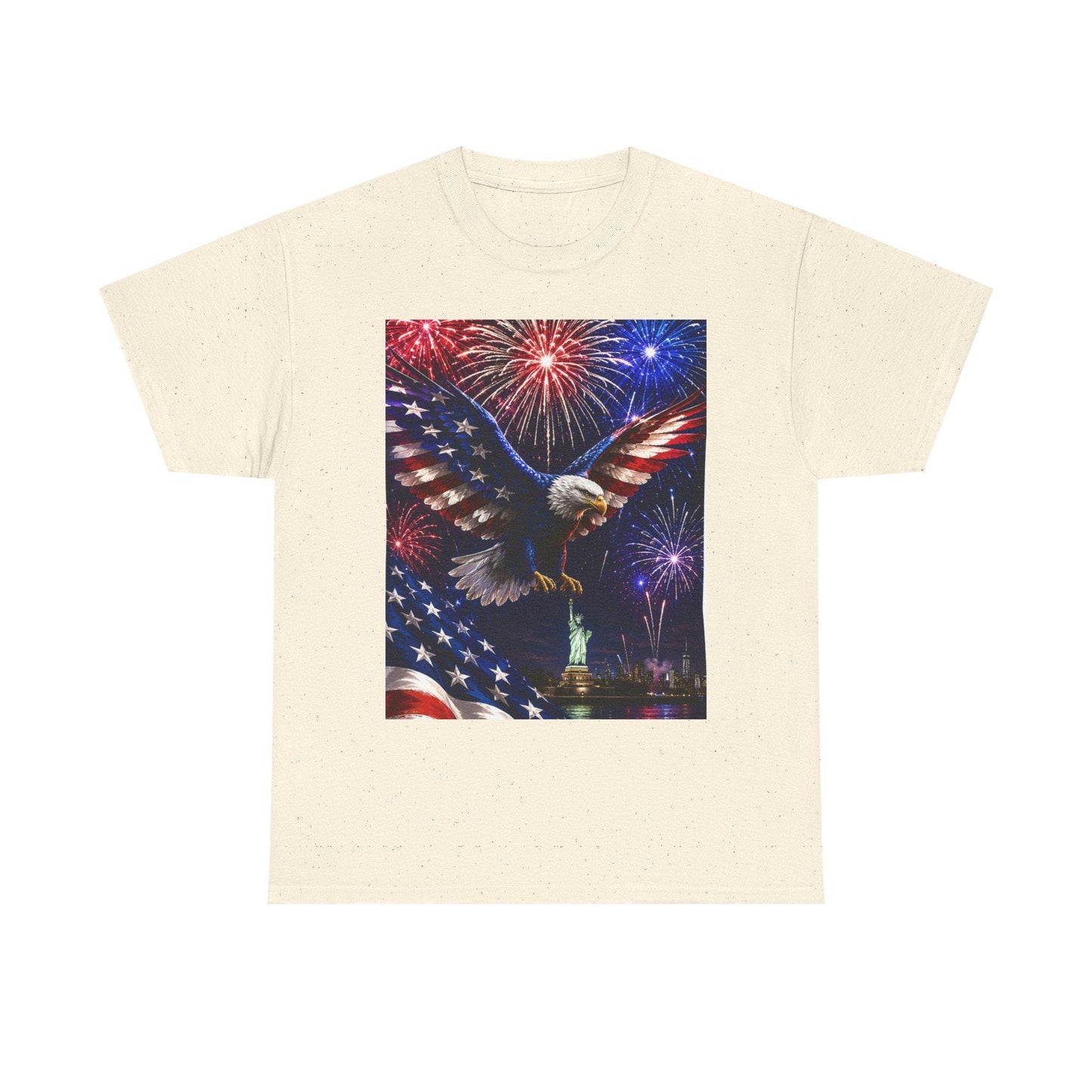 Cream T-shirt with eagle graphic, fireworks, and American flag print