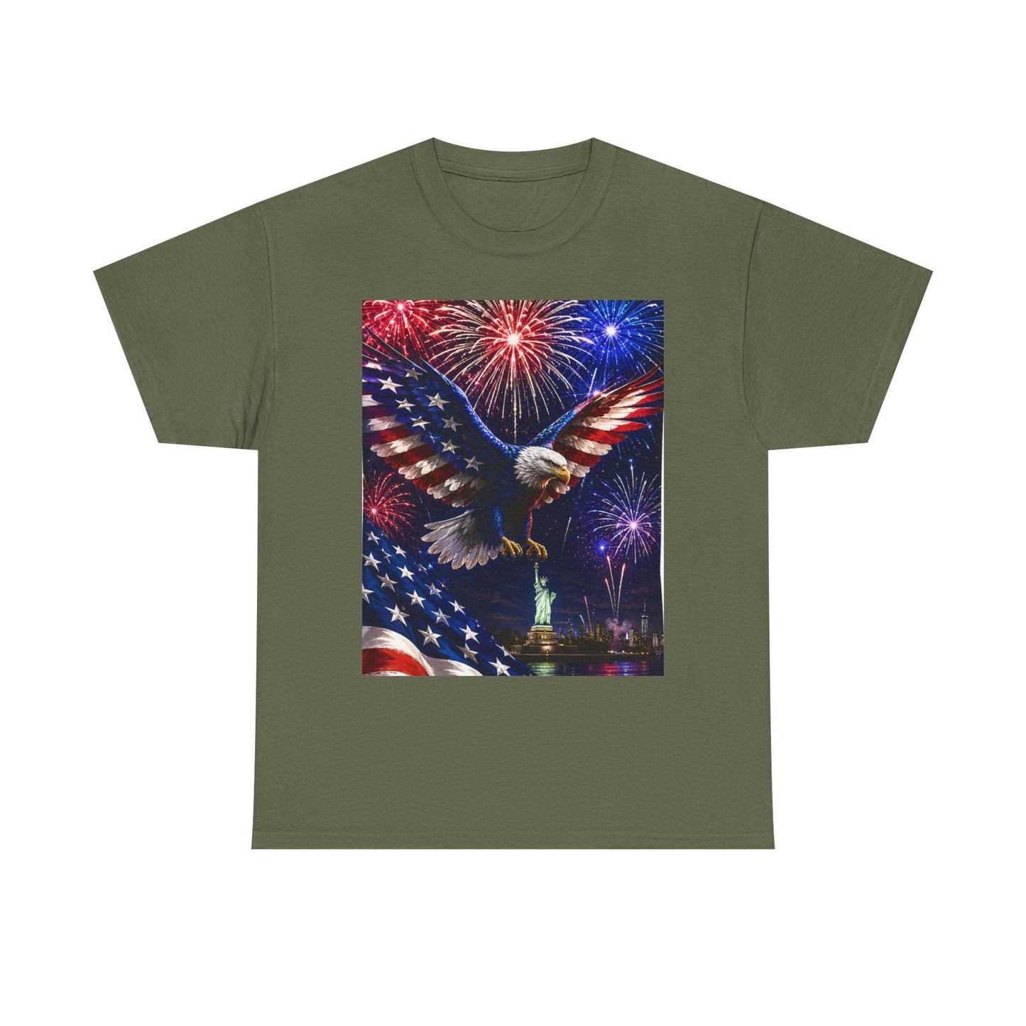 Olive green T-shirt with eagle graphic, fireworks, and American flag print