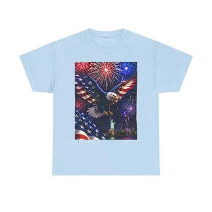 Light blue eagle graphic T-shirt with fireworks and stars flag print