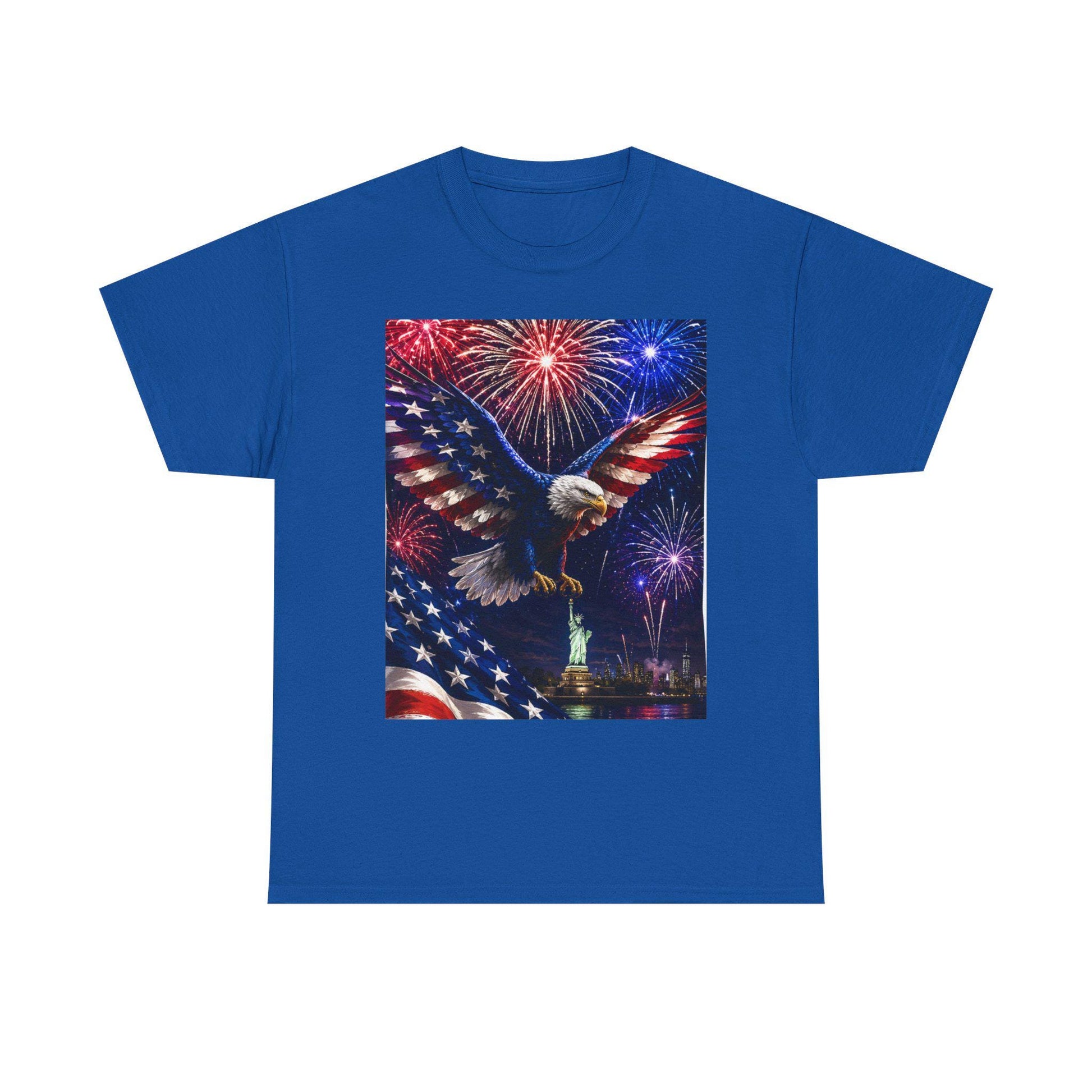 Royal blue eagle graphic T-shirt with fireworks and stars flag print