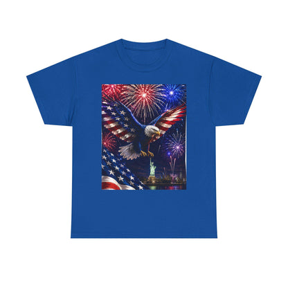 Royal blue eagle graphic T-shirt with fireworks and stars flag print