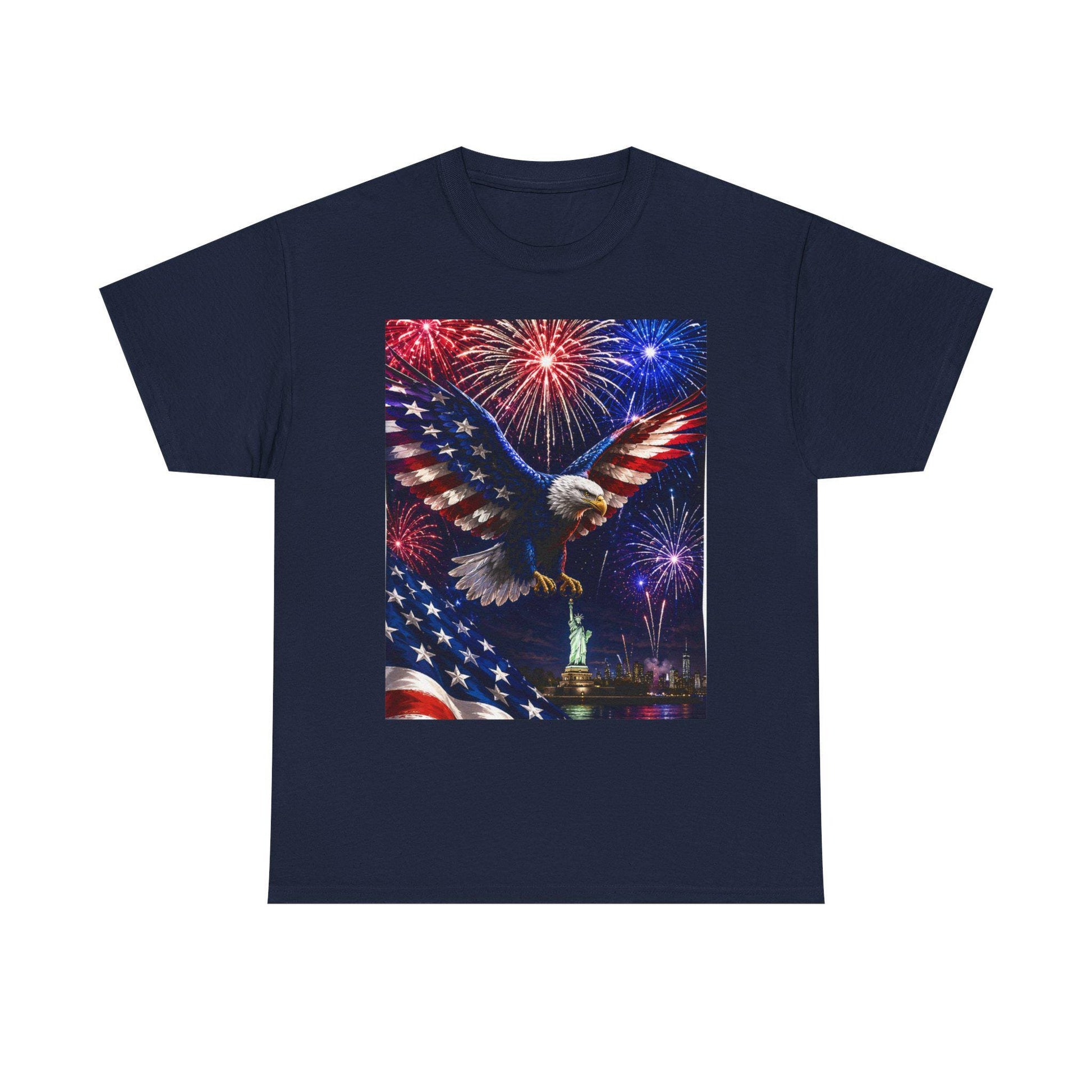 Navy eagle graphic T-shirt with fireworks and stars flag print